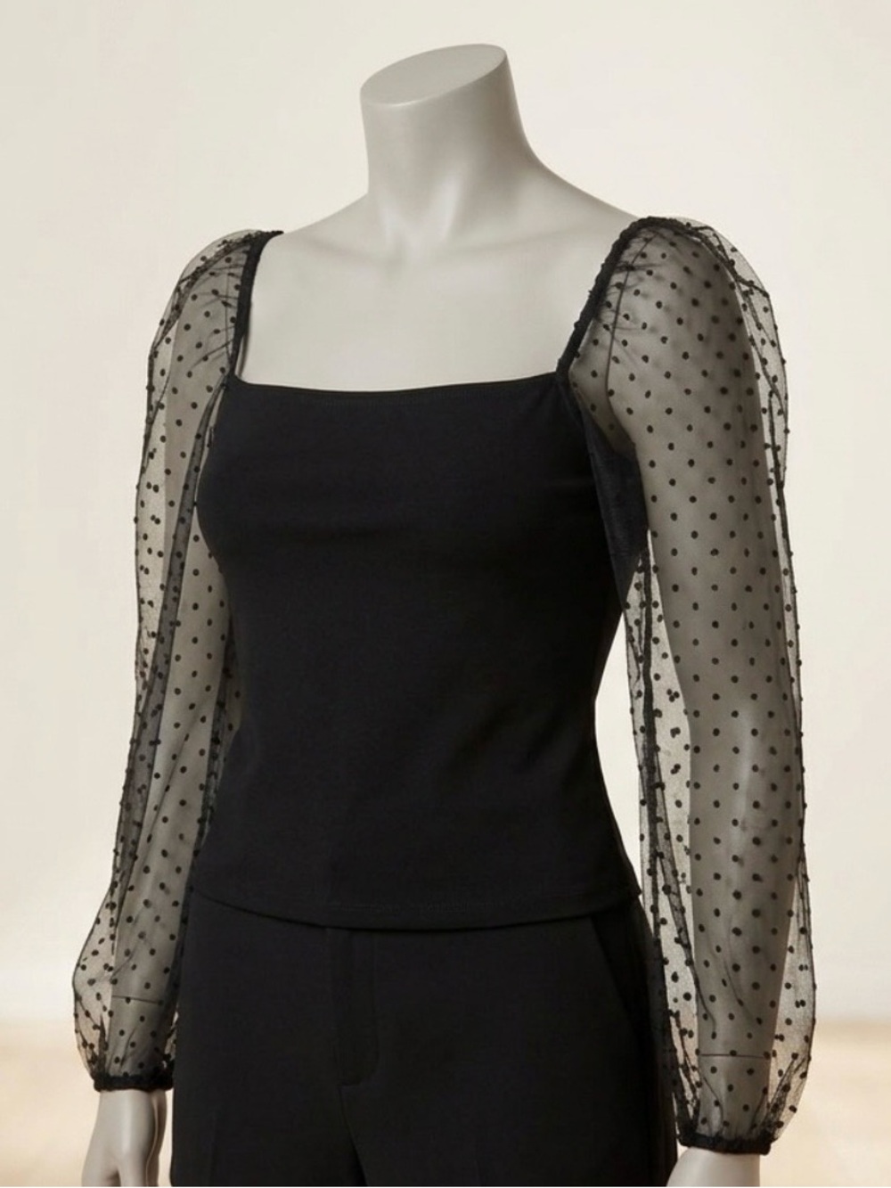 BCBG Black Mesh Polkadot Top, Size M